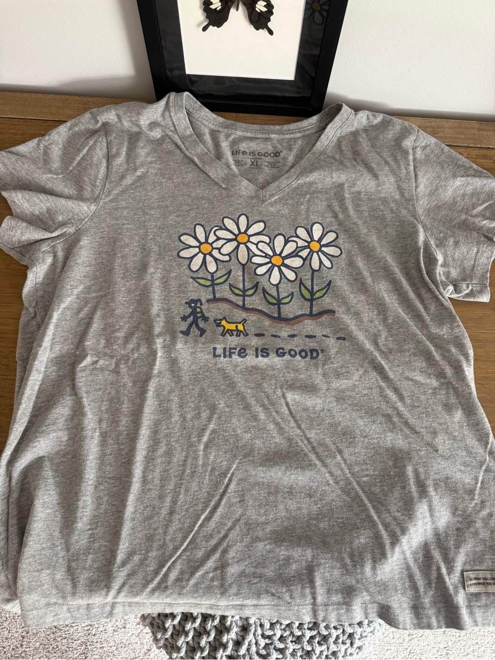 Life Is Good Gray V-Neck Tee with Daisy & Dog Graphic